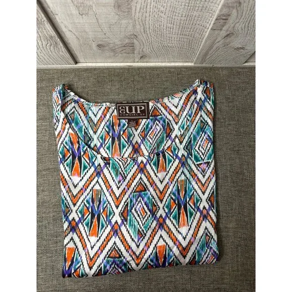 Cowgirl Up Womens Colorful Southwestern Aztec Print Blouse Large Blue Orange - Picture 3 of 7